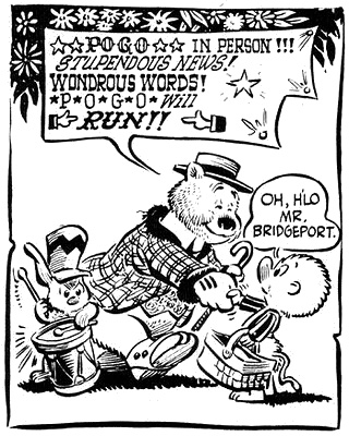 Pogo sarjakuvan sirkustirehtööri puhuu juhlavasti ja värikkäästi, sirkusjulisteille ominaiseen tapaan.